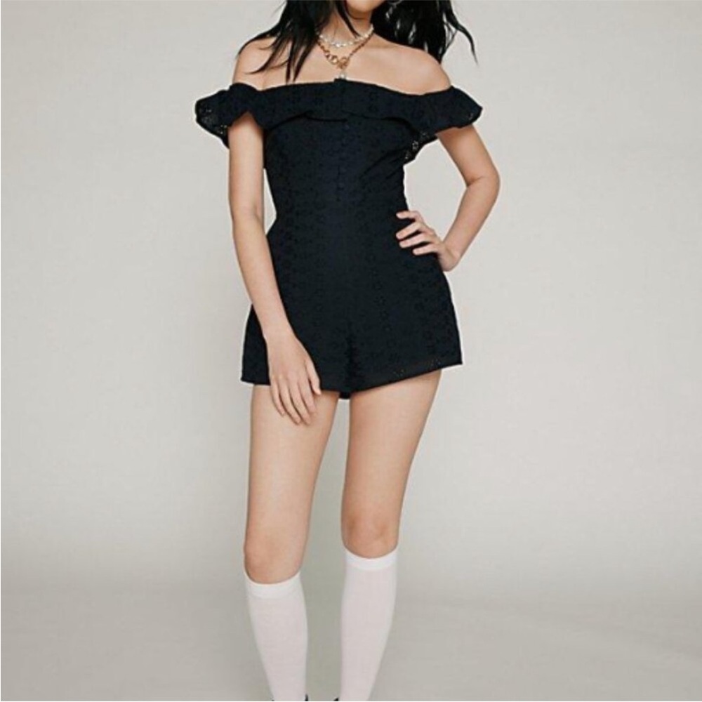 Urban Outfitters Black Off-Shoulder Eyelet Romper